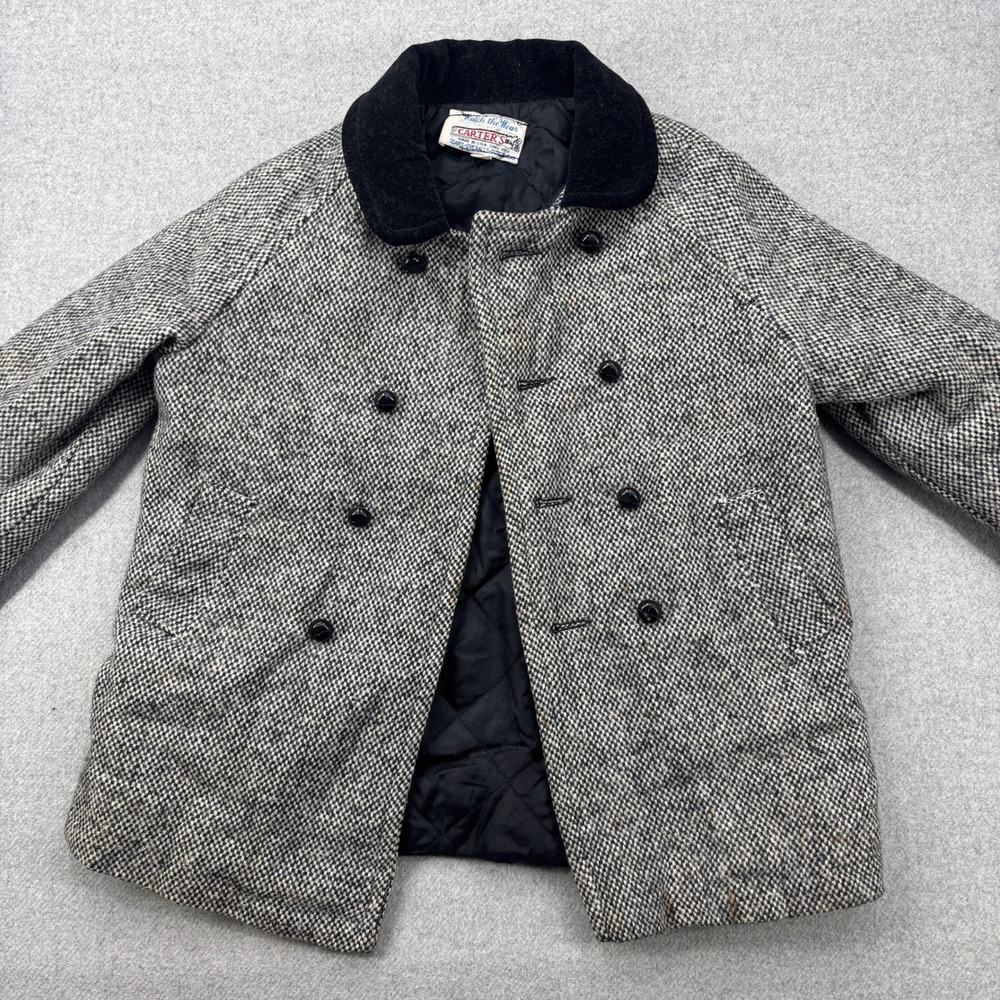 Vintage 50s Carter's Kids Double Breasted Tweed Wool Blend Coat Size 4 Gray
